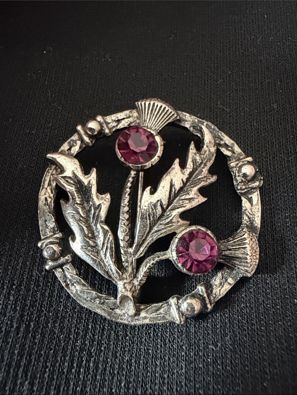Vintage silver Scottish Thistle brooch pin with purple rhinestones